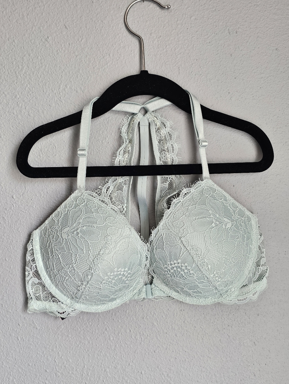 Victoria Secret Mint Lace Shine Strap Front Close Push-Up Bra 32C